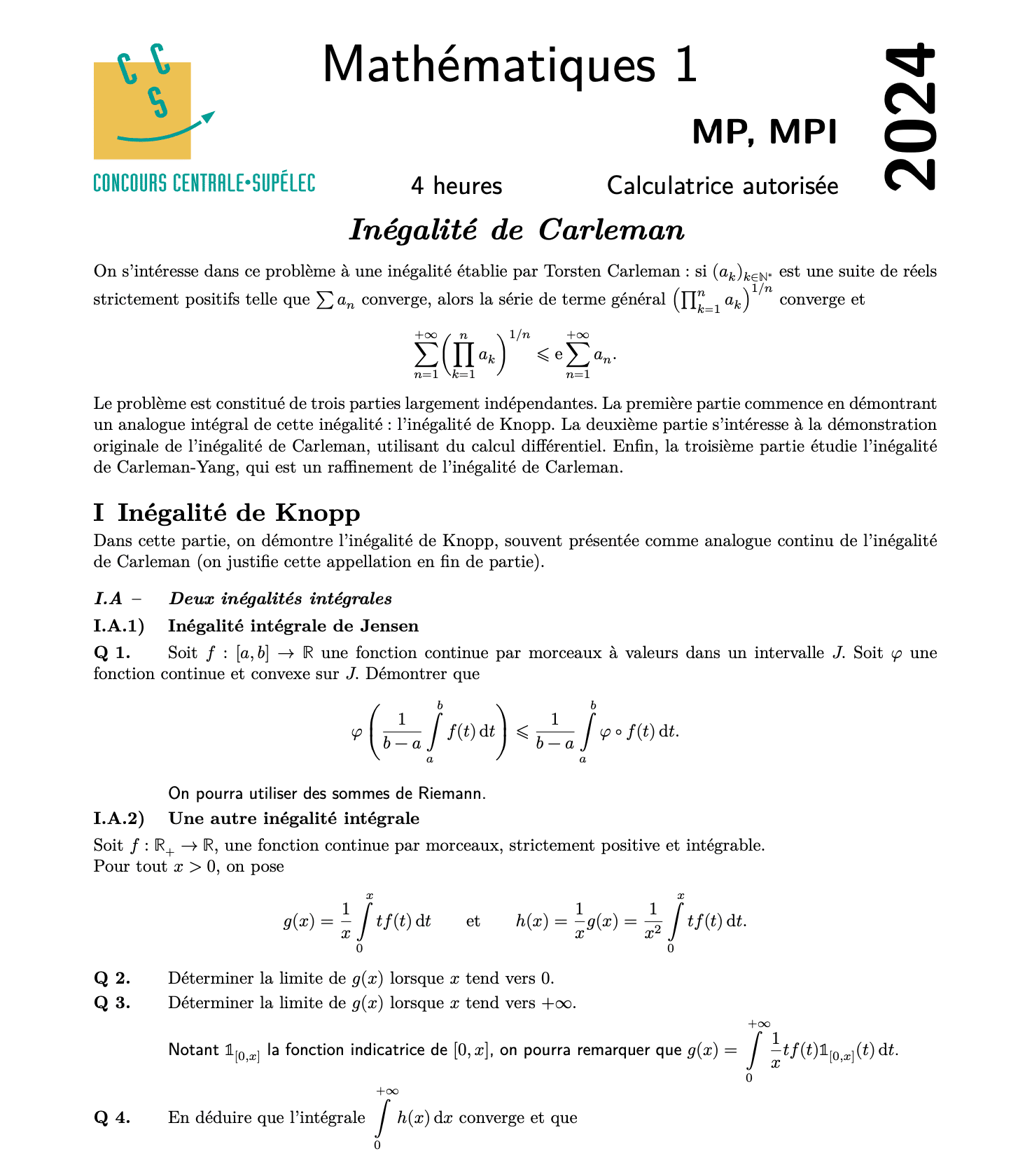 Correction sujet Centrale Maths 1 MP 2024
