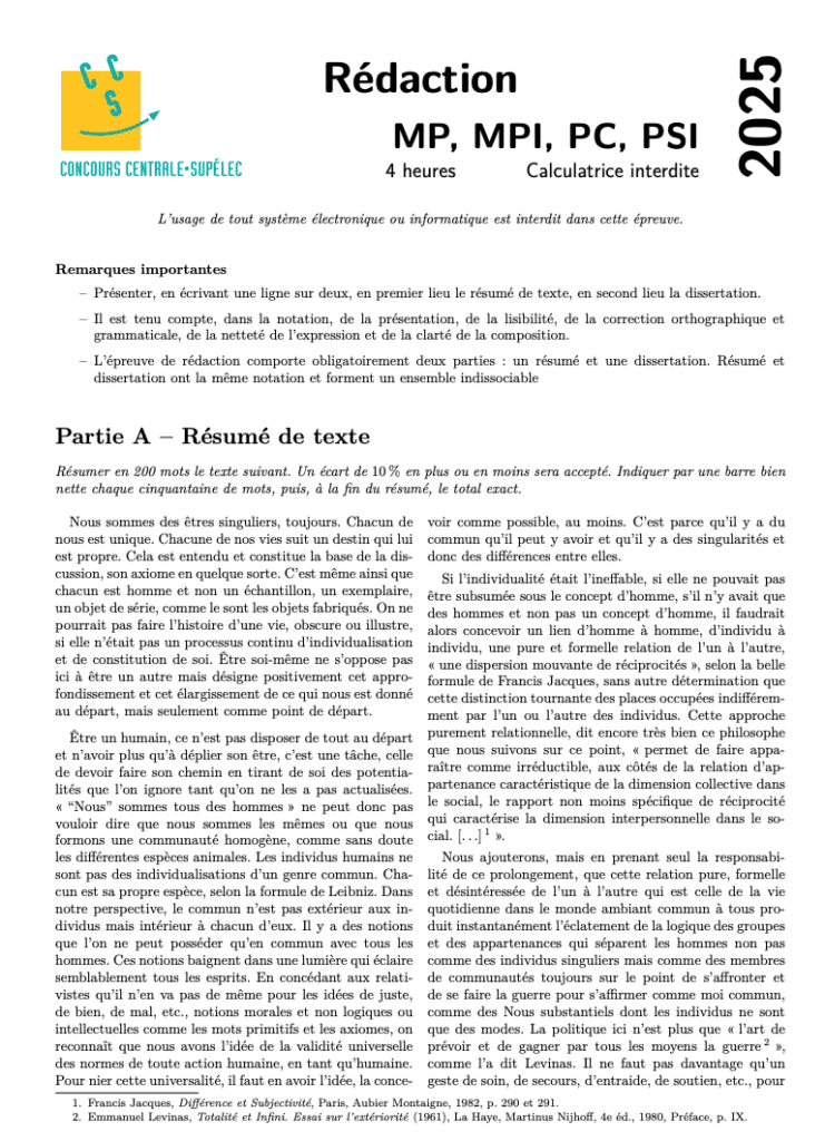 Sujet centrale français 2025